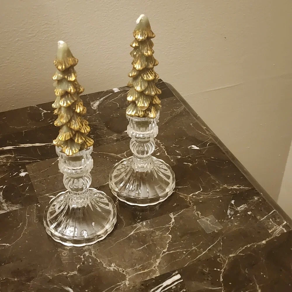 Christmas Tree Candles with Glass Candle Holders Set
